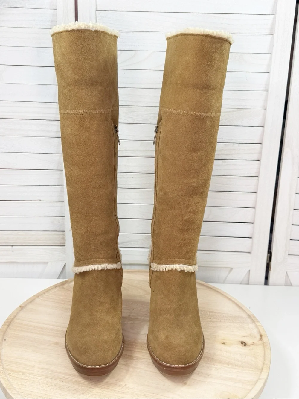 Ugg Aubrie Suede Shearling Wedge Heel Knee High Boots Tan 7.5 Boho Retro - Picture 3 of 12